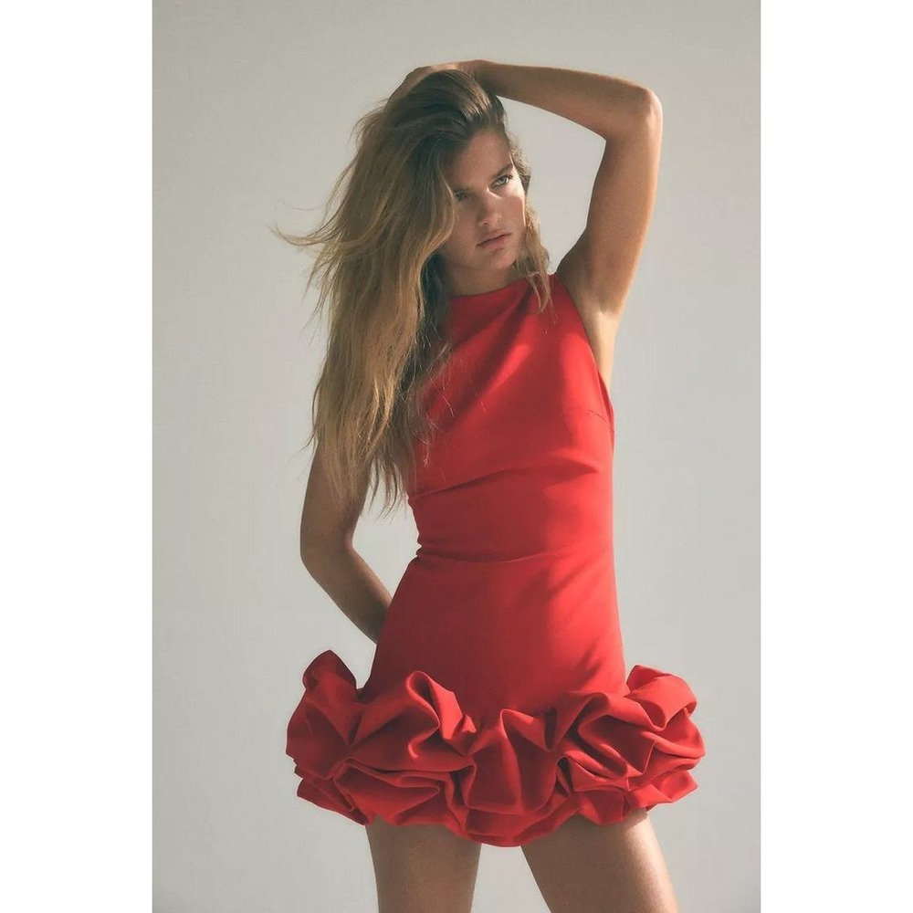 Zara Womens Ruffled Hem Red Sleeveless Mini Skort Dress Size XS